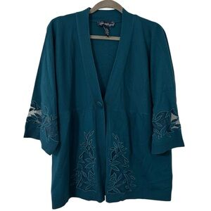 Teal Blue Susan Graver Floral Lace Design Cardigan Top Shirt Women’s Size Large!